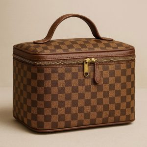 Brown Checkered Makeup Bag - Large Capacity & Vintage Style for Women
